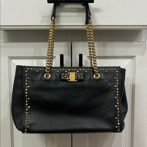 Salvatore Ferragamo Black and Gold Chain Shoulder Bag